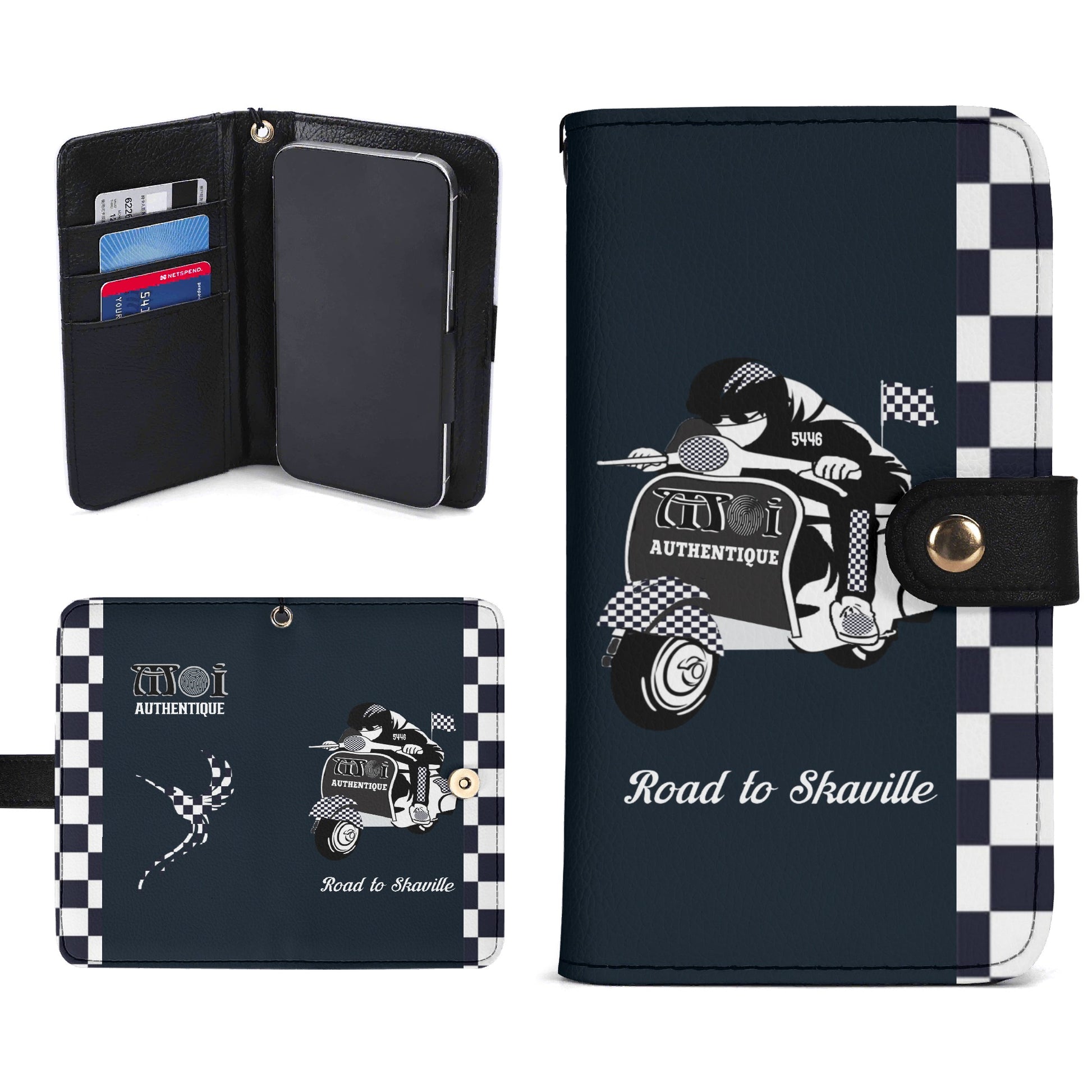 A two-tone black and white phone flip case with a checkered design and a graphic print of a character on a scooter.
