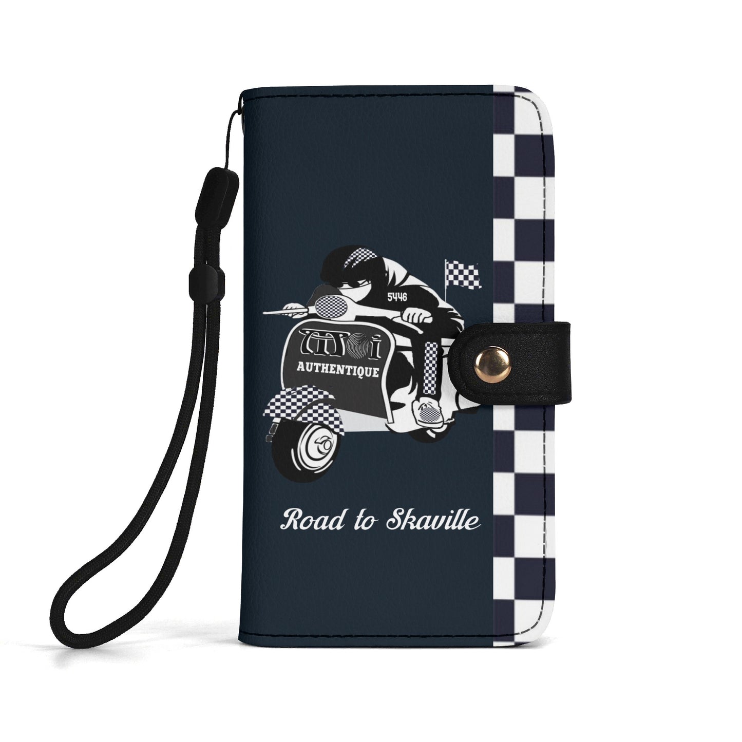 A two-tone black and white phone flip case with a checkered design and a graphic print of a character on a scooter.