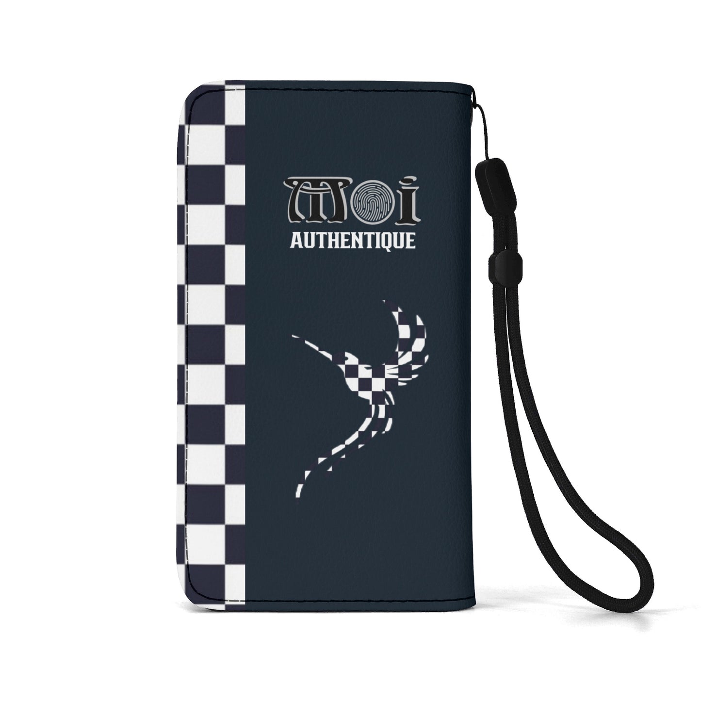 A two-tone black and white phone flip case with a checkered  design and a graphic print