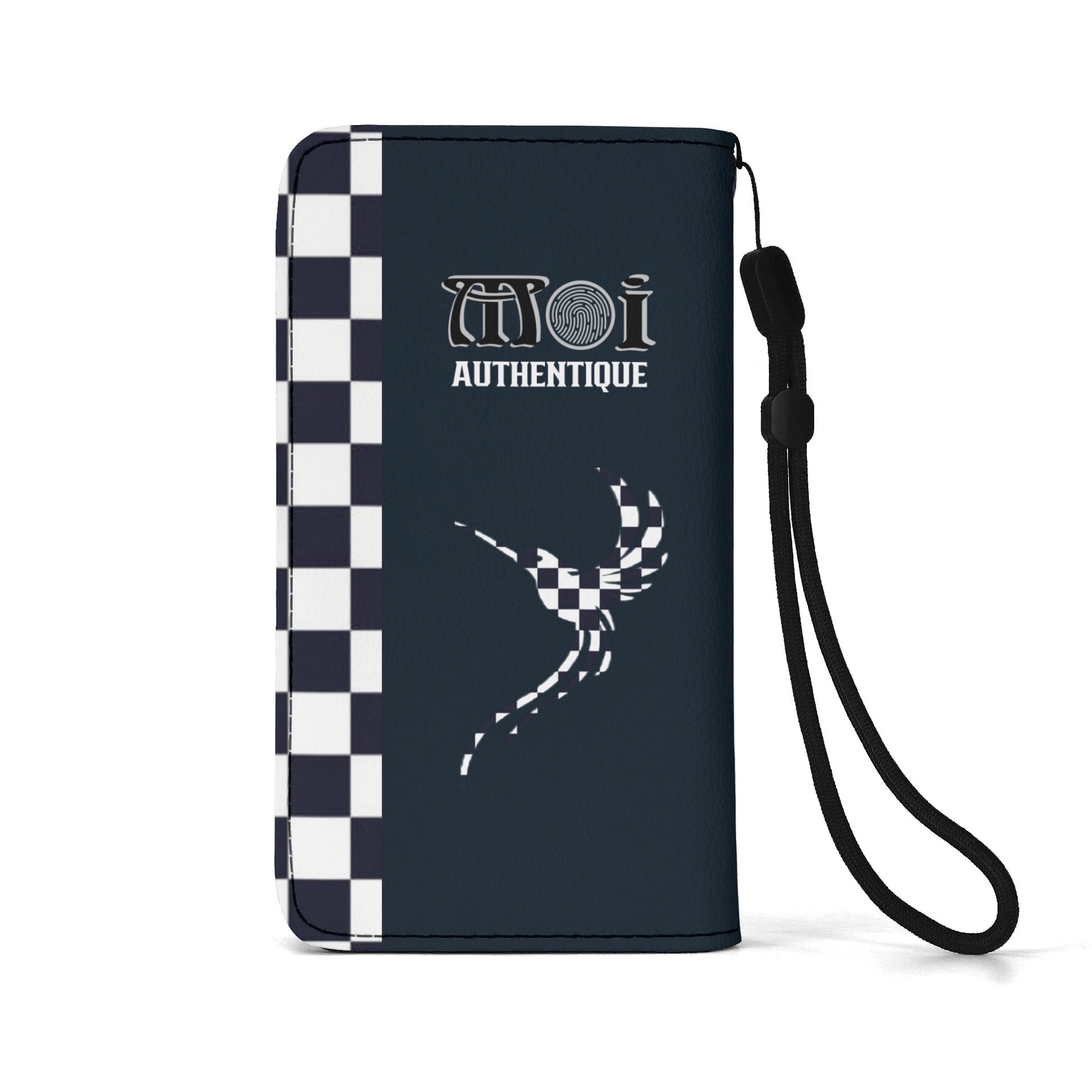 A two-tone black and white phone flip case with a checkered  design and a graphic print
