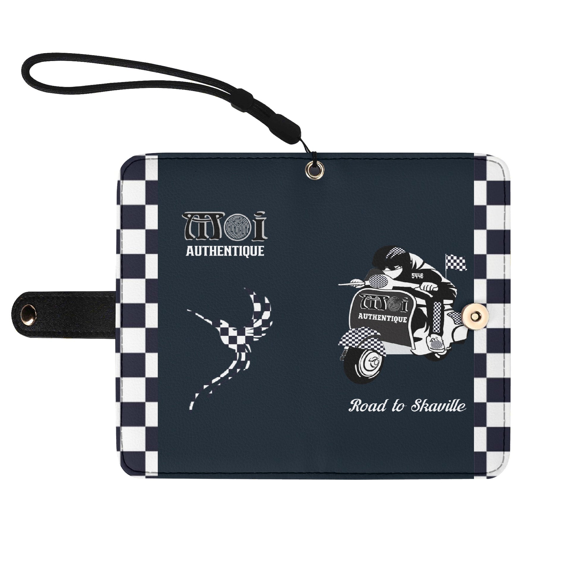 A two-tone black and white phone flip case with a checkered  design and a graphic print