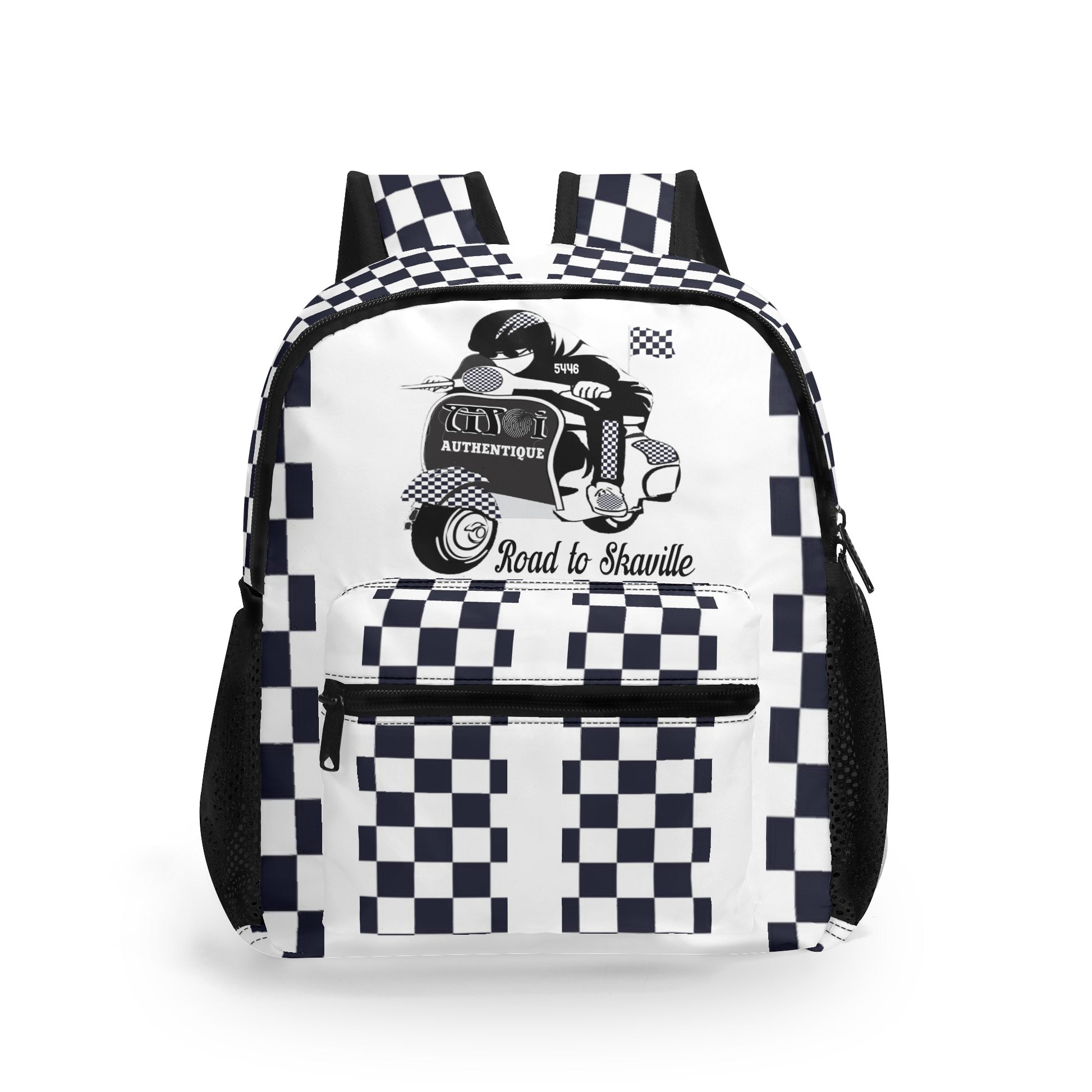 A chequered black and white backpack with a graphic design on the front, featuring adjustable shoulder straps and side mesh pockets.