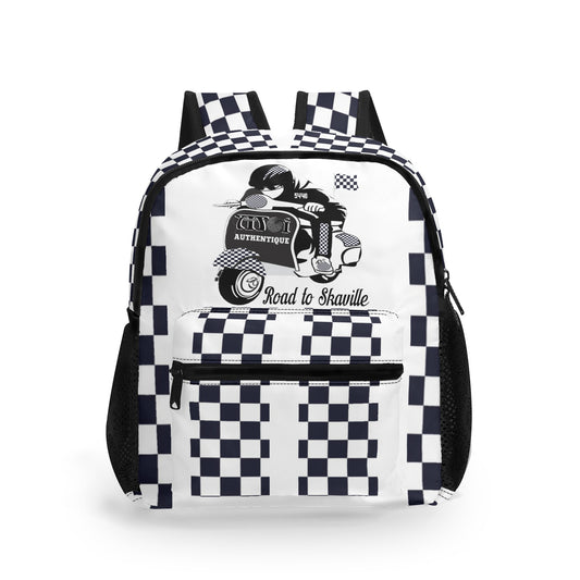 A chequered black and white backpack with a graphic design on the front, featuring adjustable shoulder straps and side mesh pockets.