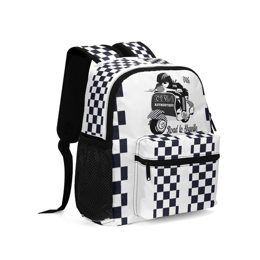 A chequered black and white backpack with a graphic design on the front, featuring adjustable shoulder straps and side mesh pockets.