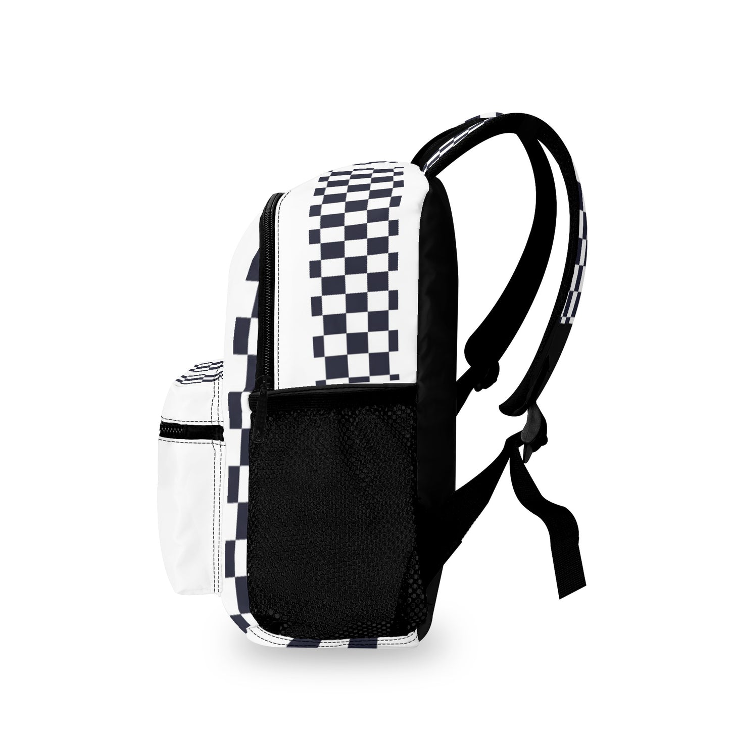 Side view of a chequered backpack.