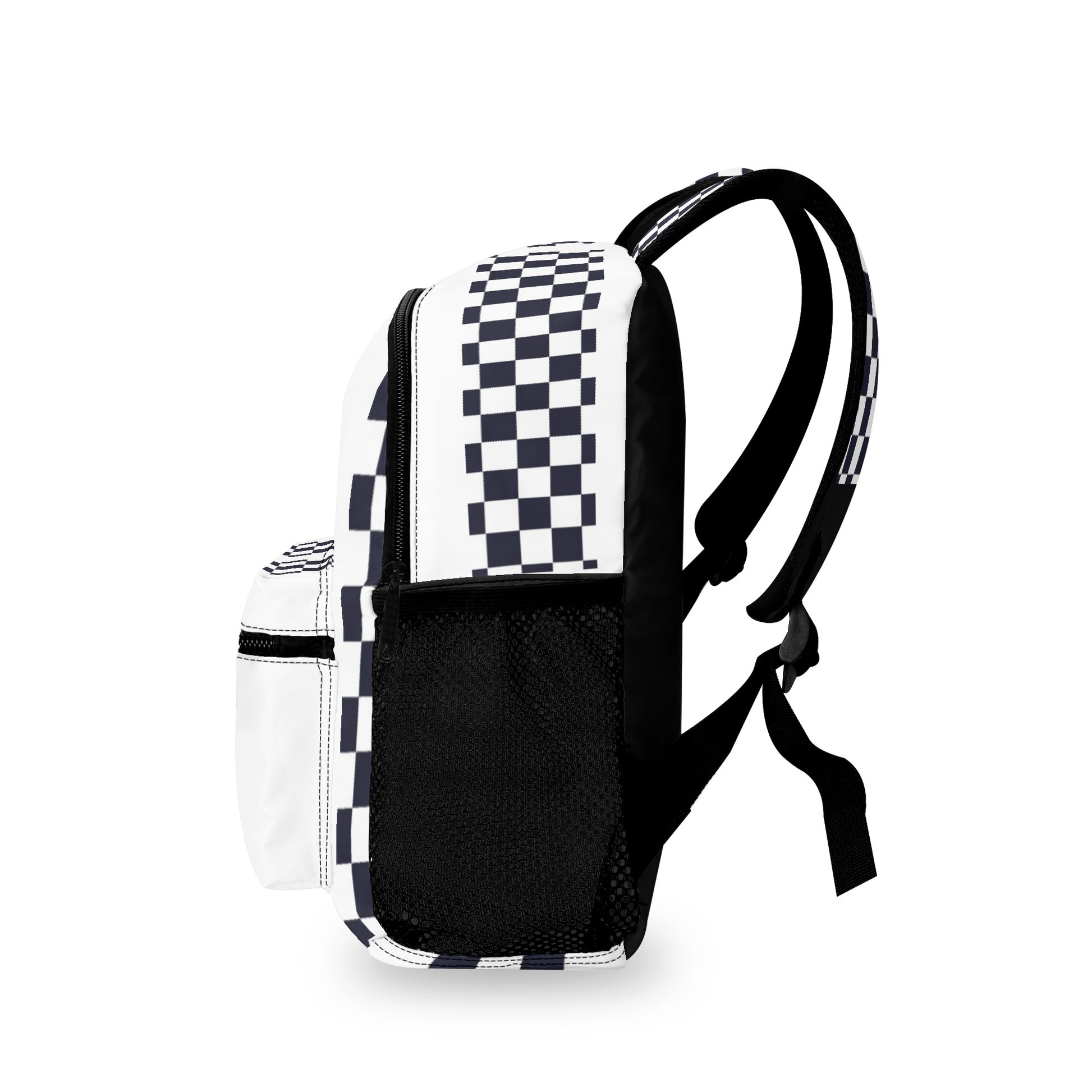 Side view of a chequered backpack.
