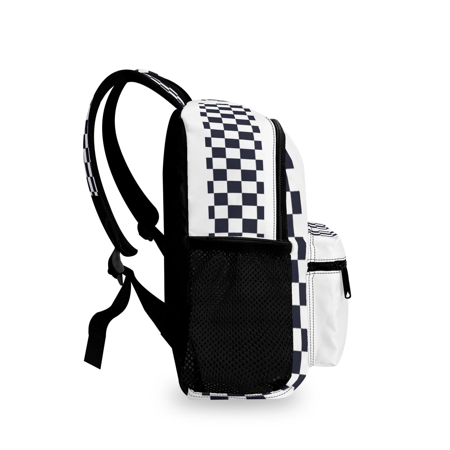 Side view of a chequered backpack.