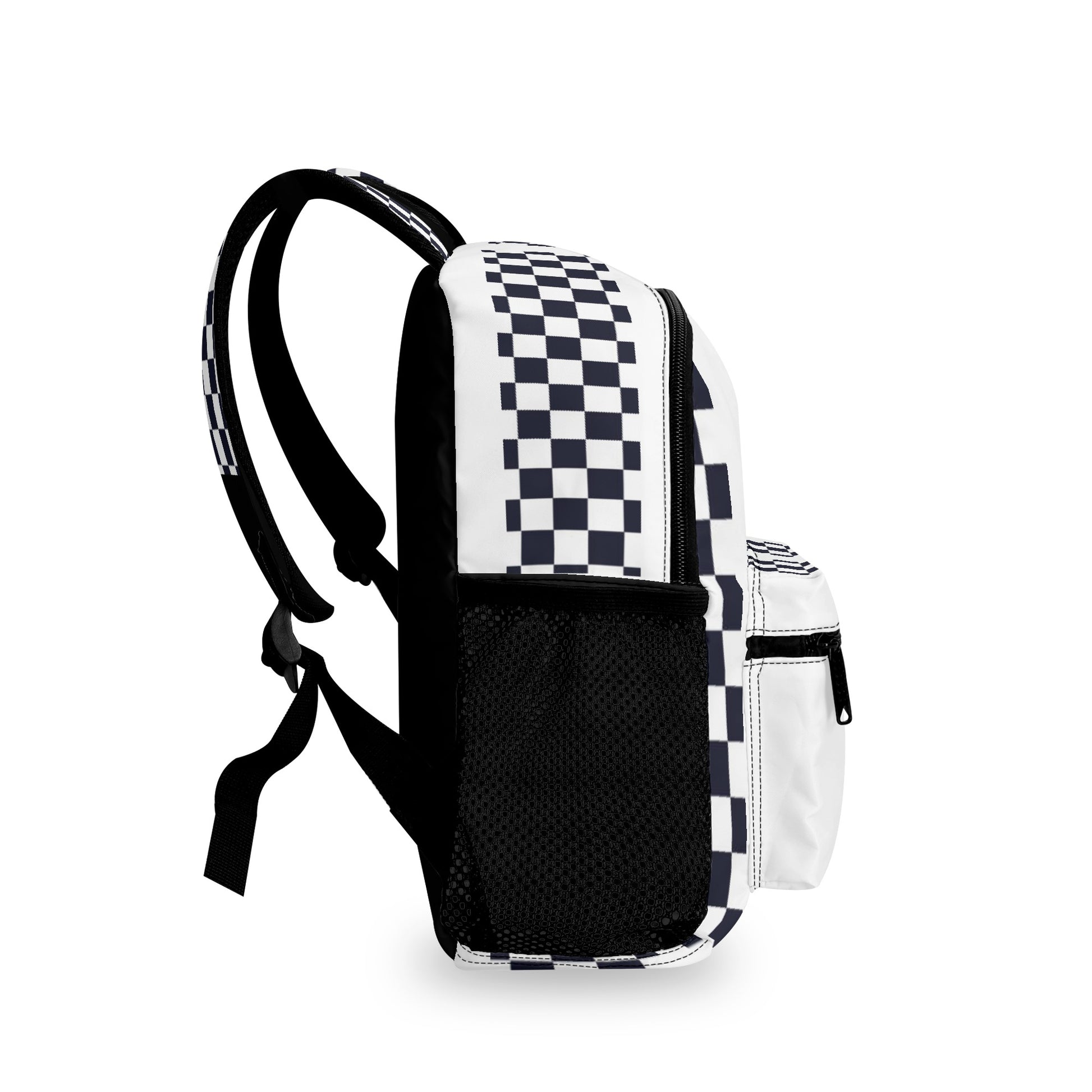 Side view of a chequered backpack.