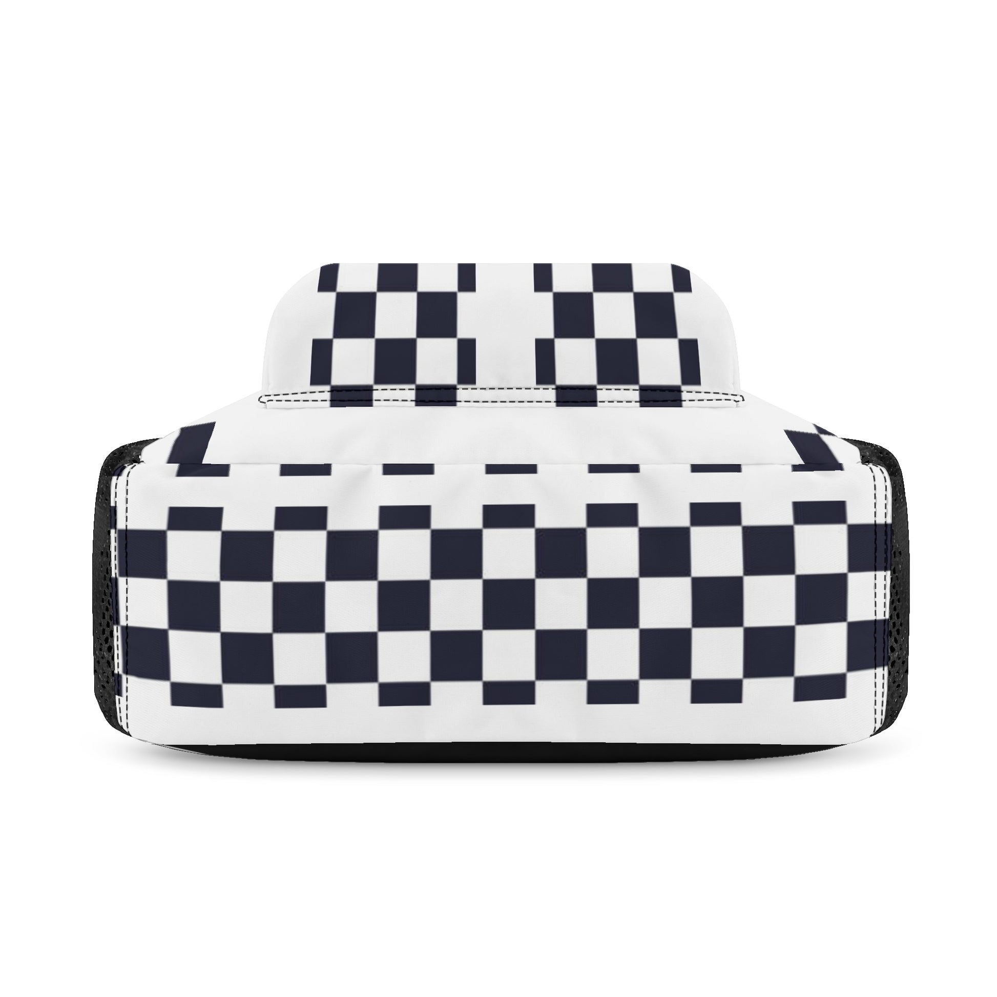 Top view of a black and white chequered backpack on a white background.