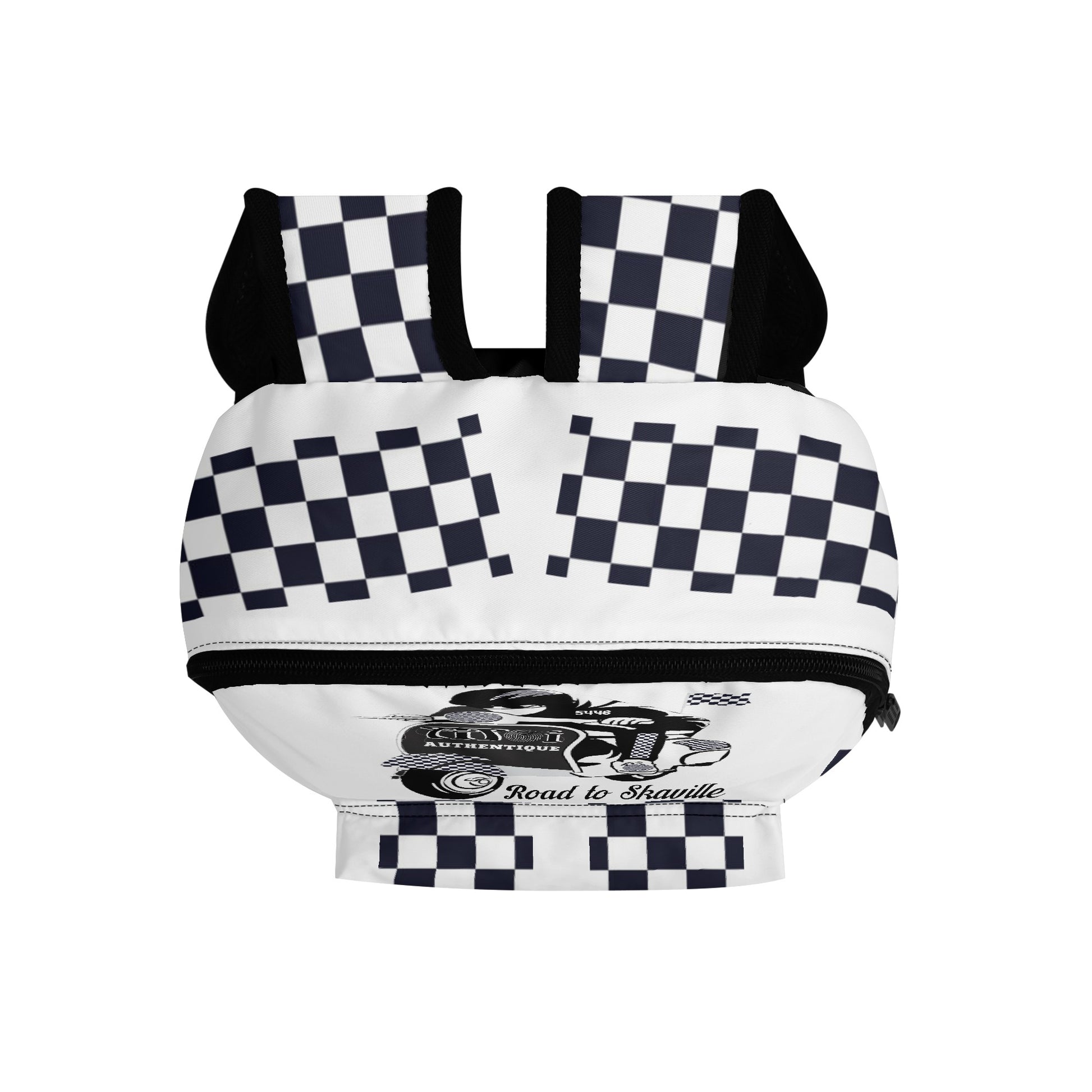 View of a black and white chequered backpack