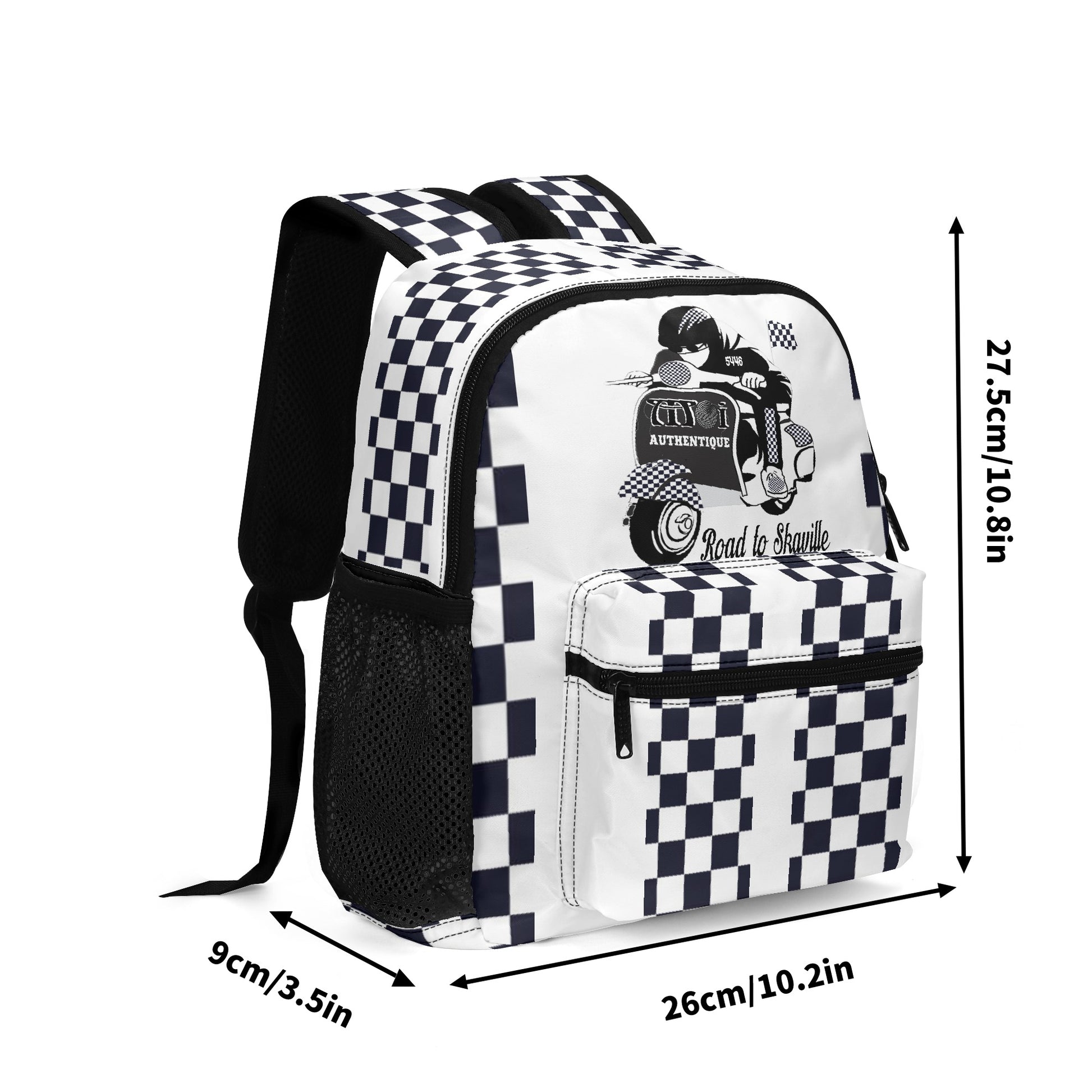 Dimensions of a black and white chequered backpack on a white background