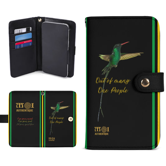 A black flip phone case with a hummingbird design, featuring a wallet compartment with multiple card slots.