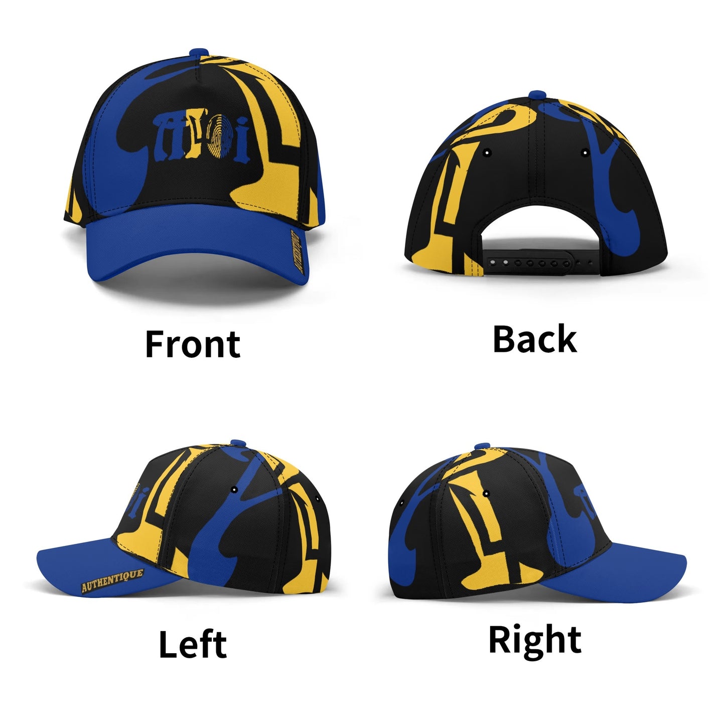 Blue and yellow cap shown from front, back, left, and right angles on a white background.