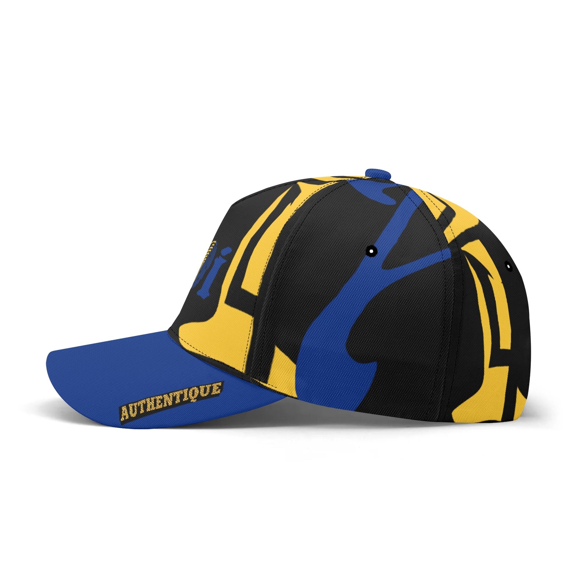 Colourful cap with blue and yellow design on a white background