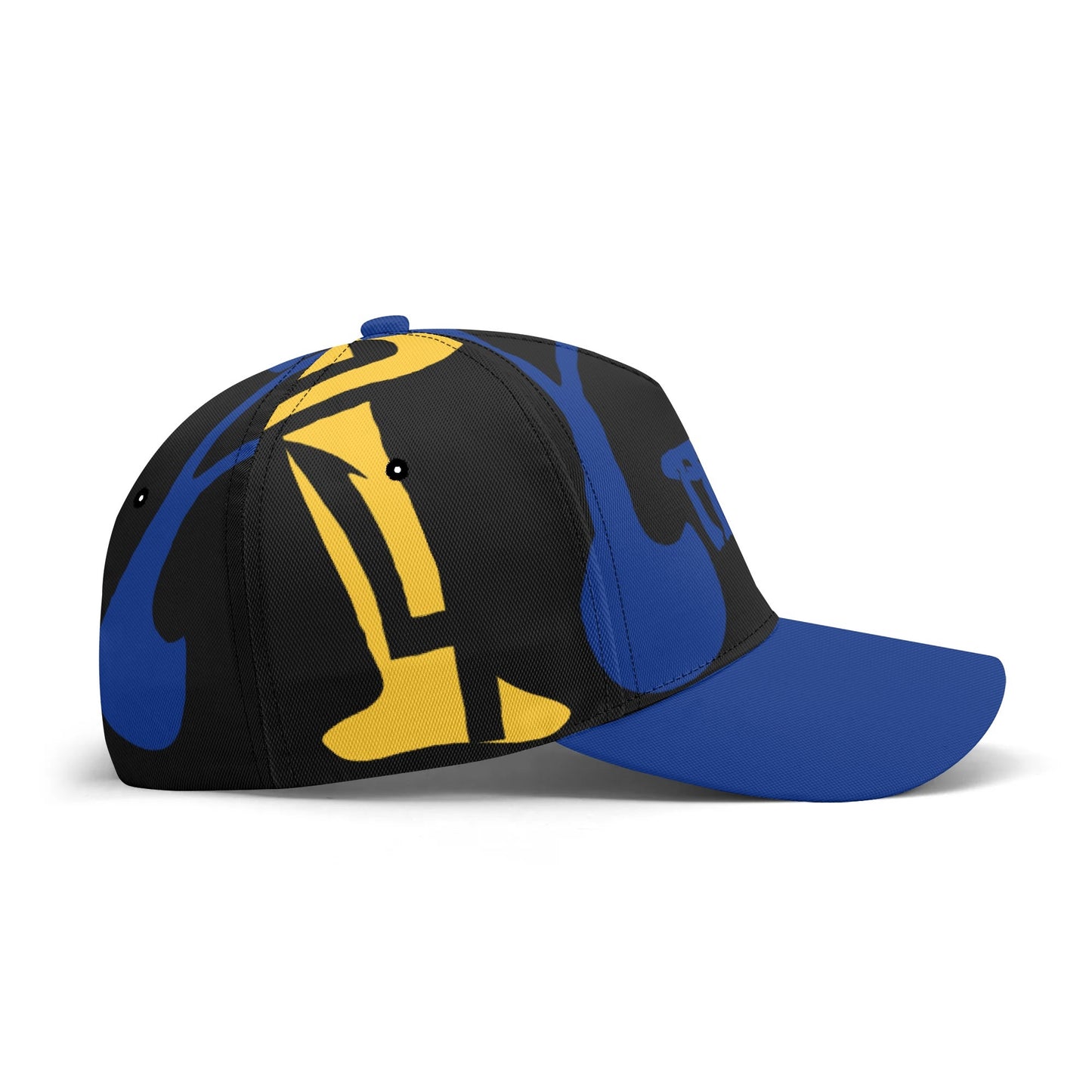 Black, blue, and yellow cap on a white background