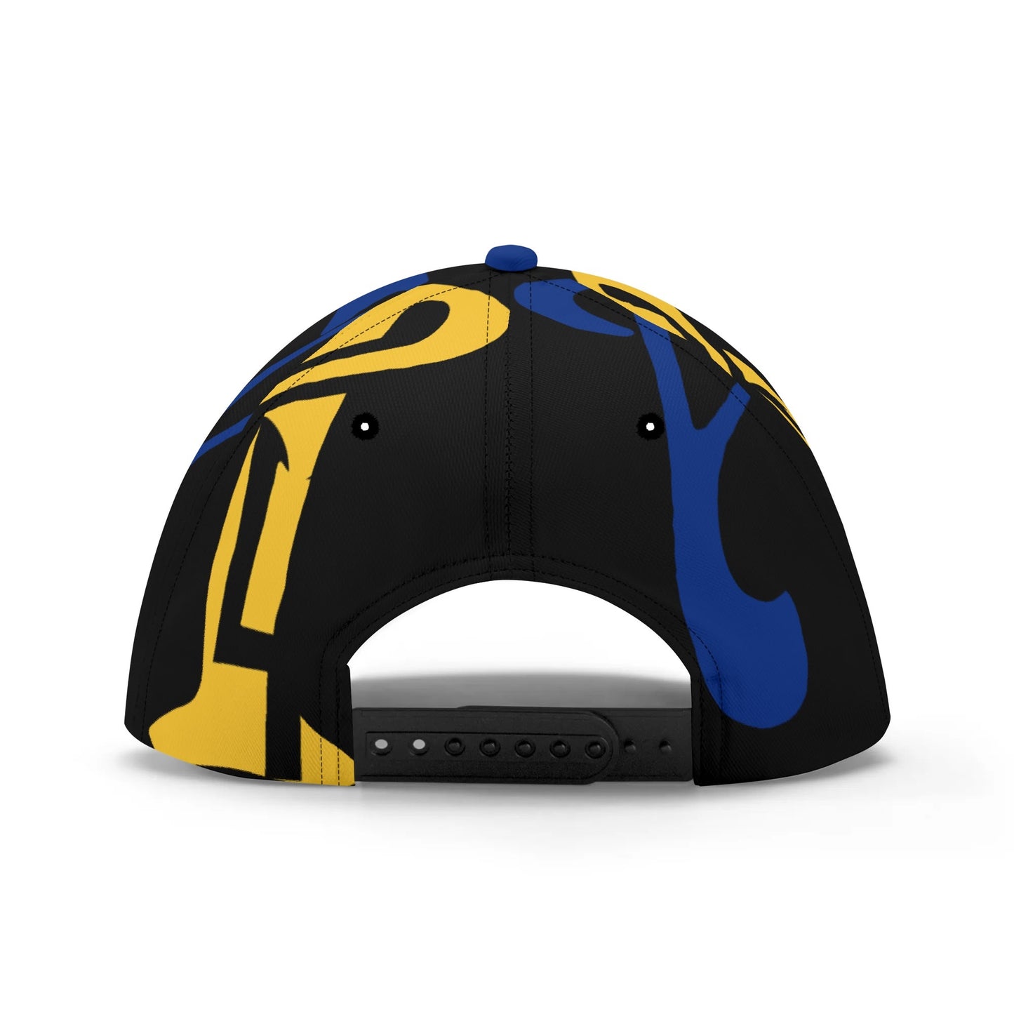 Black cap with yellow and blue abstract designs on a white background