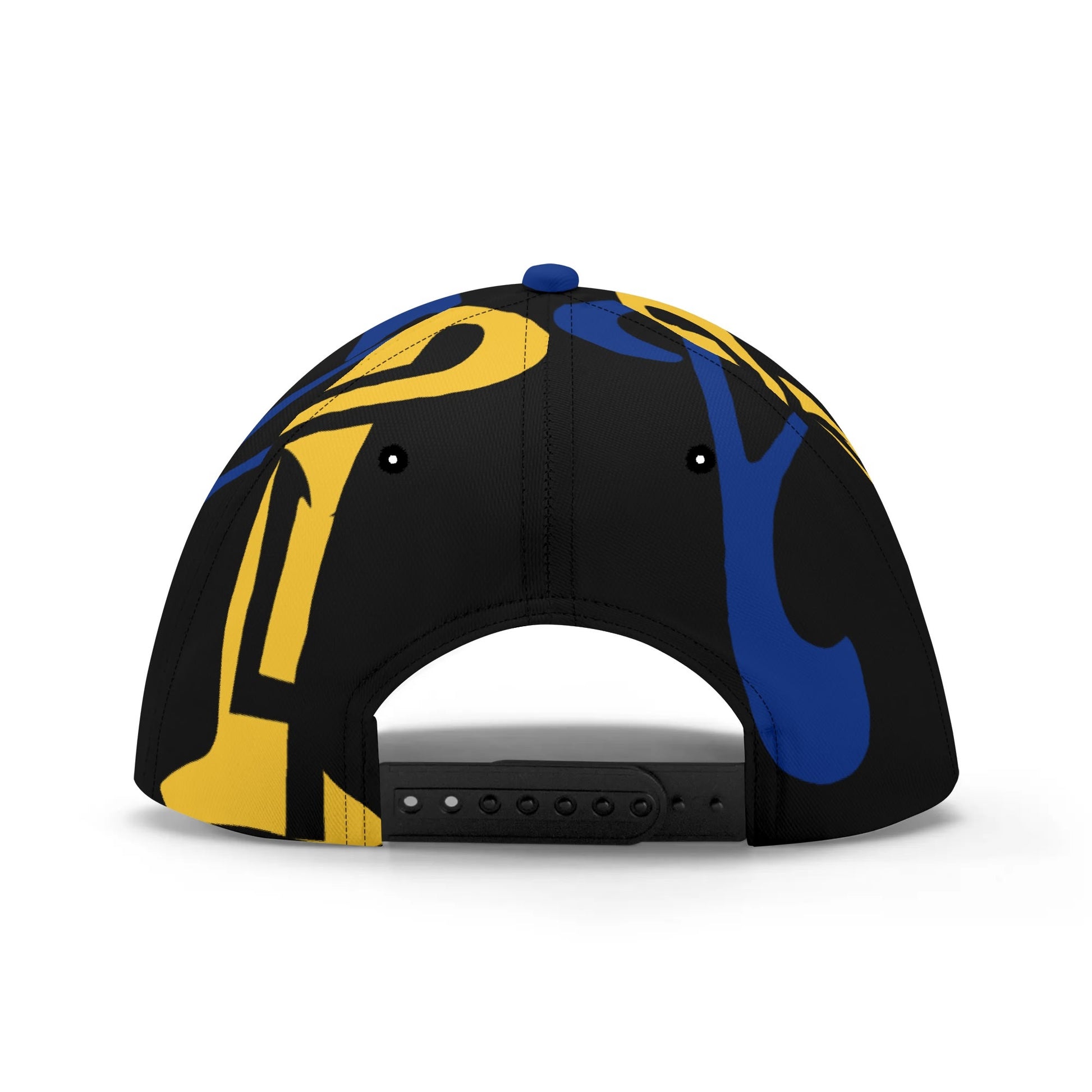 Black cap with yellow and blue abstract designs on a white background