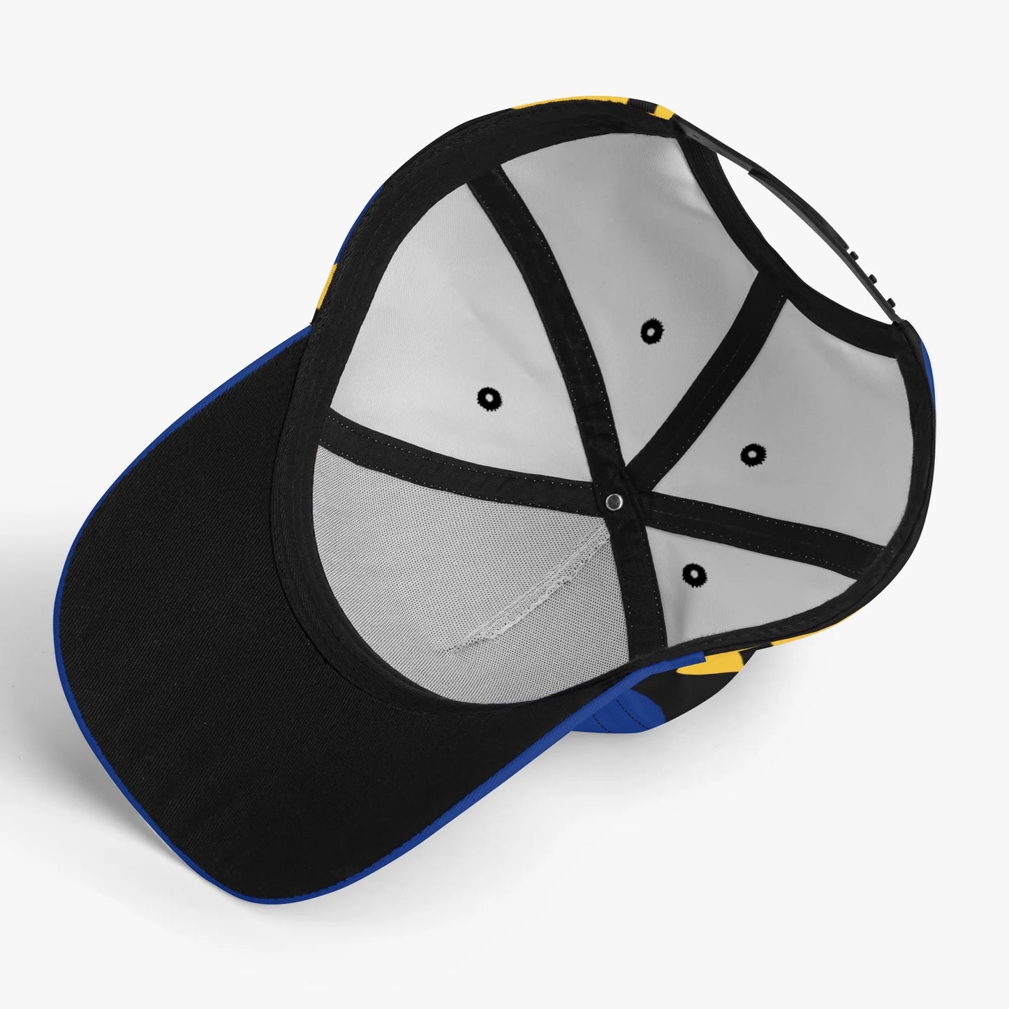 Baseball cap with black brim and blue bill on a white background