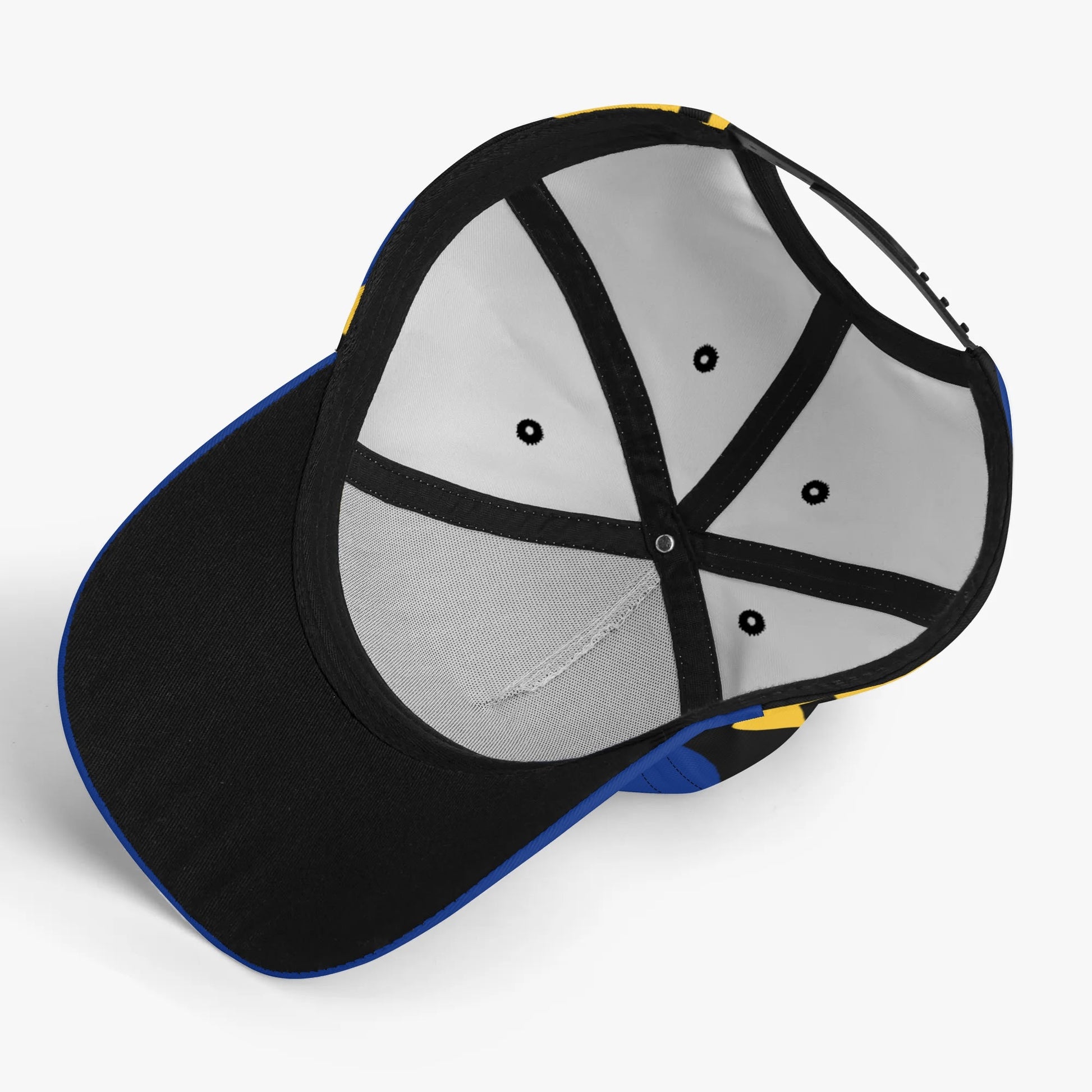 Baseball cap with black brim and blue bill on a white background