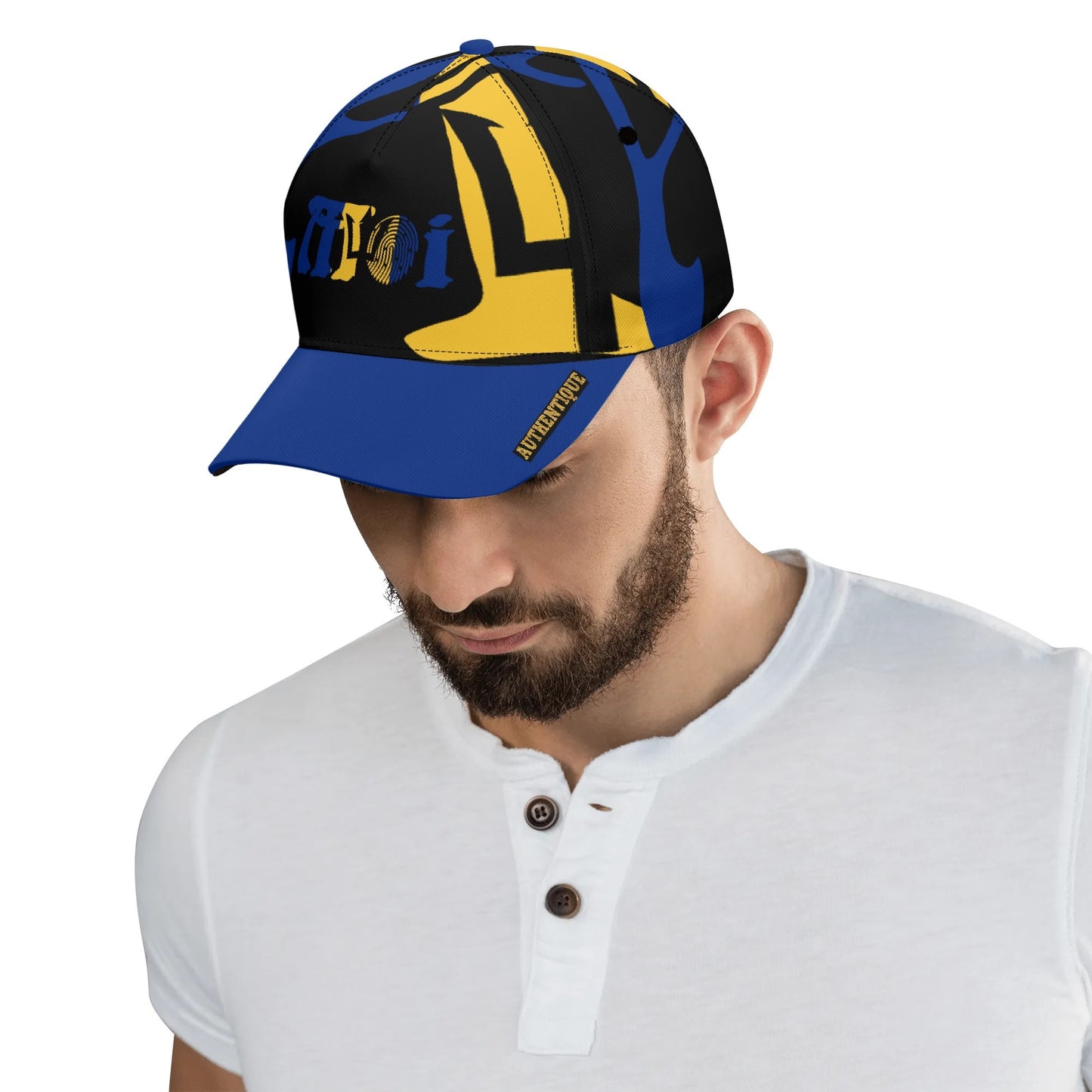 A man wearing a colourful cap with a white background