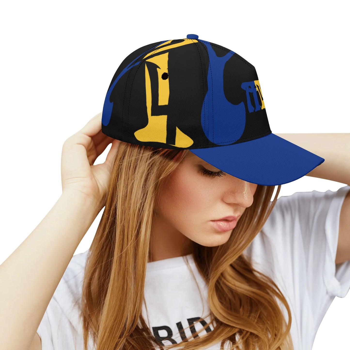 Person wearing a colourful cap with an abstract design on a white background