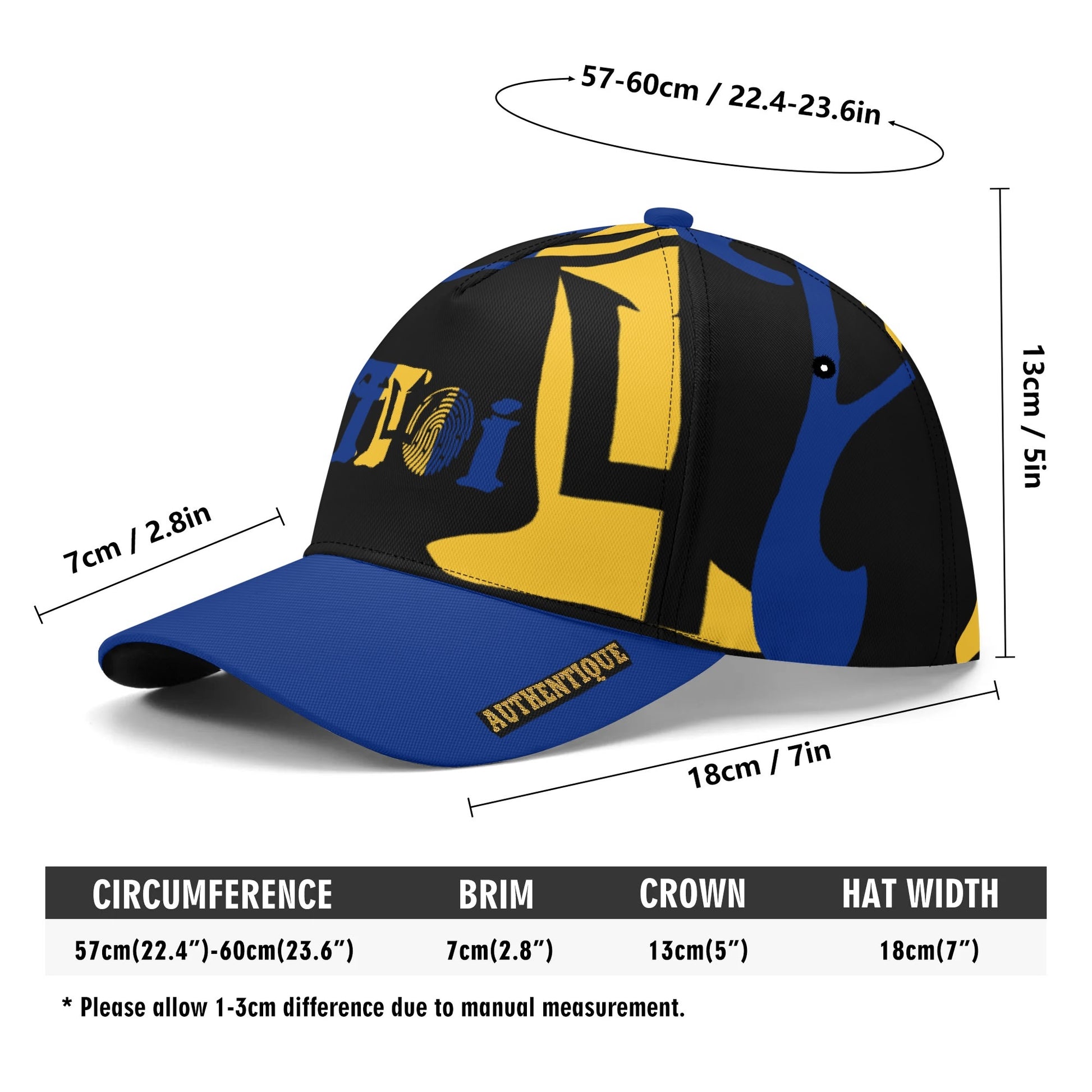 Colourful baseball cap with measurements on a white background
