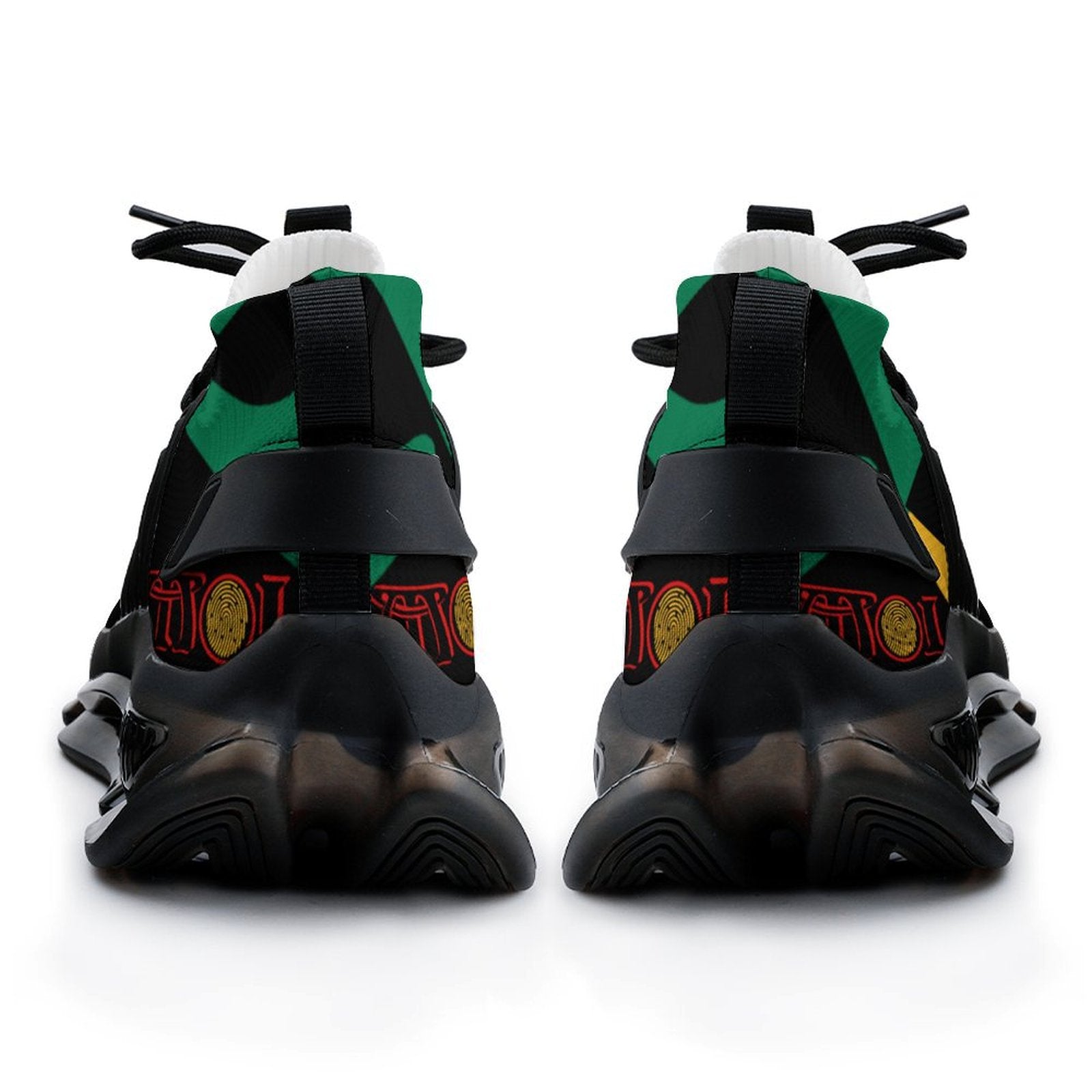 Black and green sneakers with colourful accents on a white background