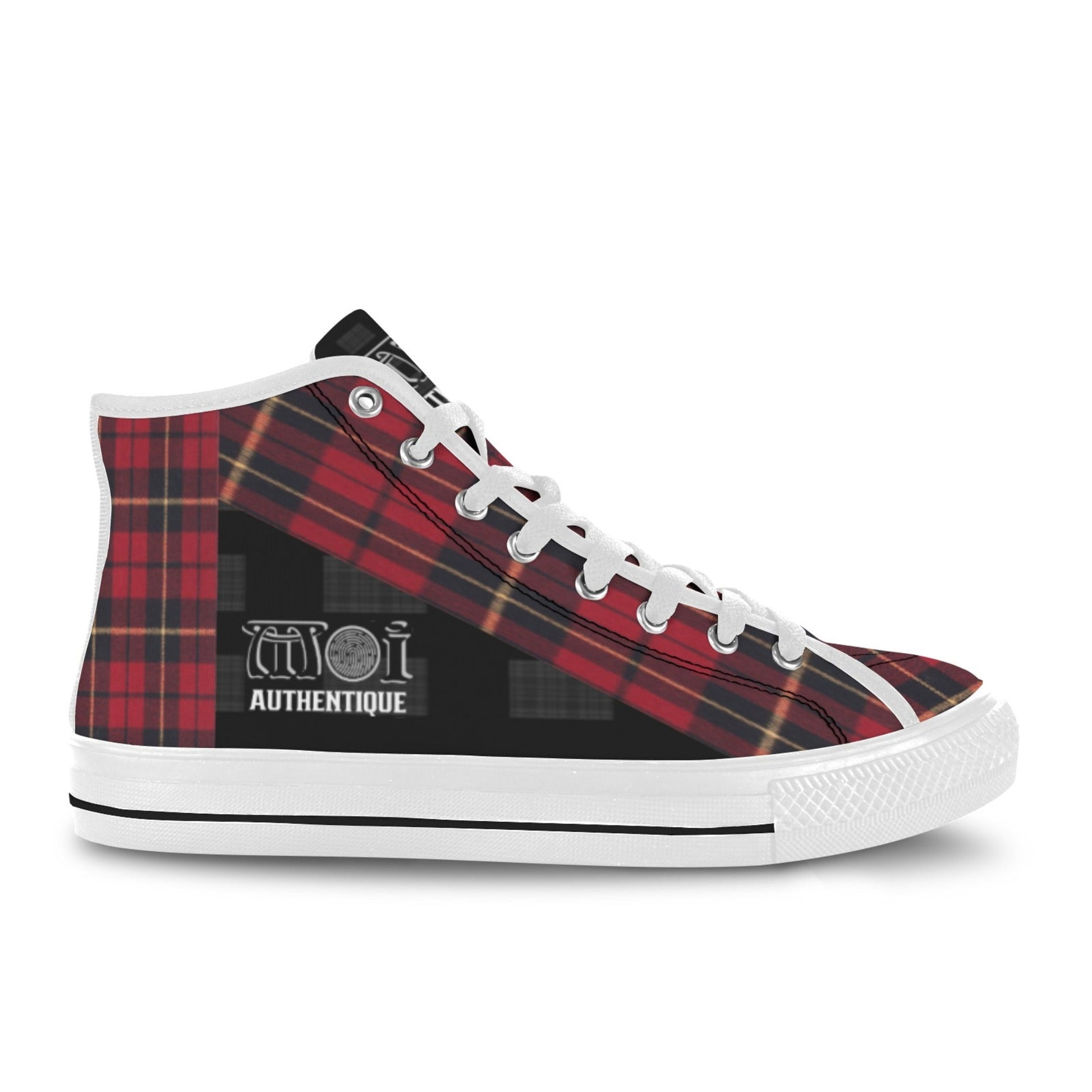 High-top sneaker with red plaid pattern and black accent on a white background