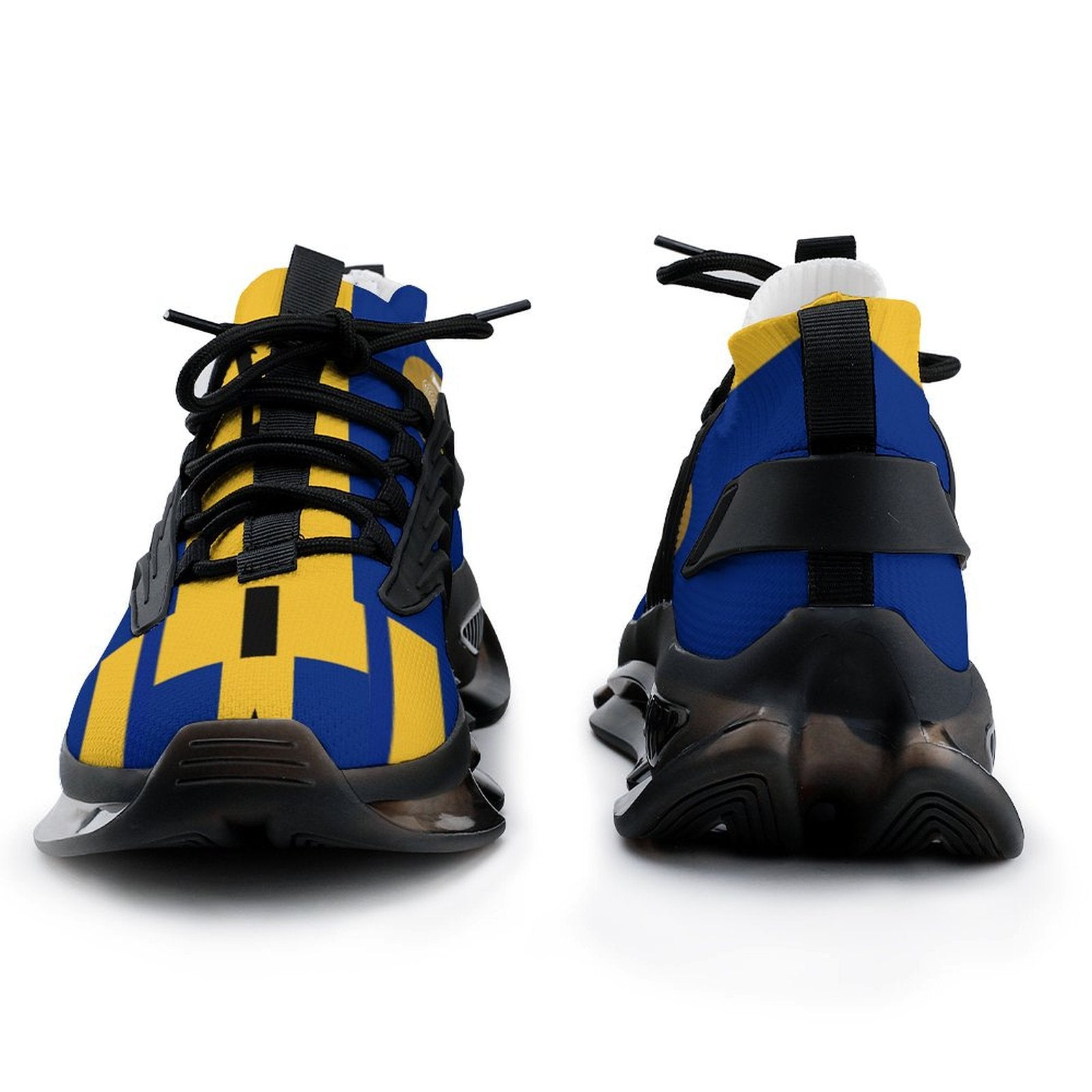 Blue and yellow sneakers with black accents on a white background