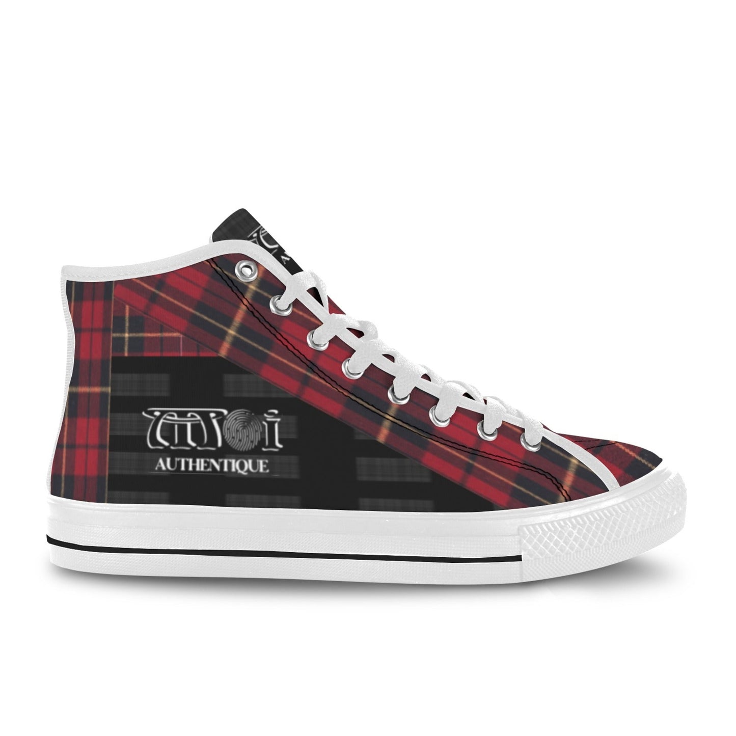 Red plaid high-top sneaker with white laces on a white background