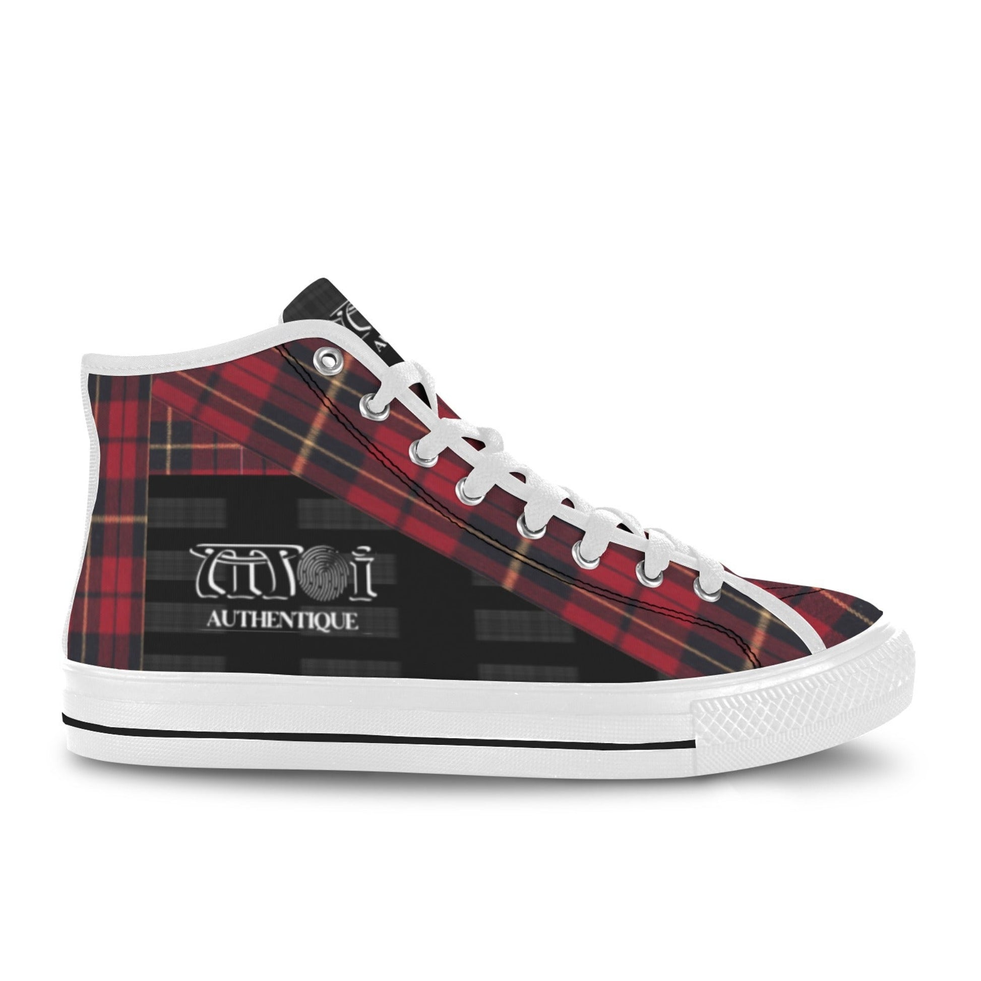 Red plaid high-top sneaker with white laces on a white background