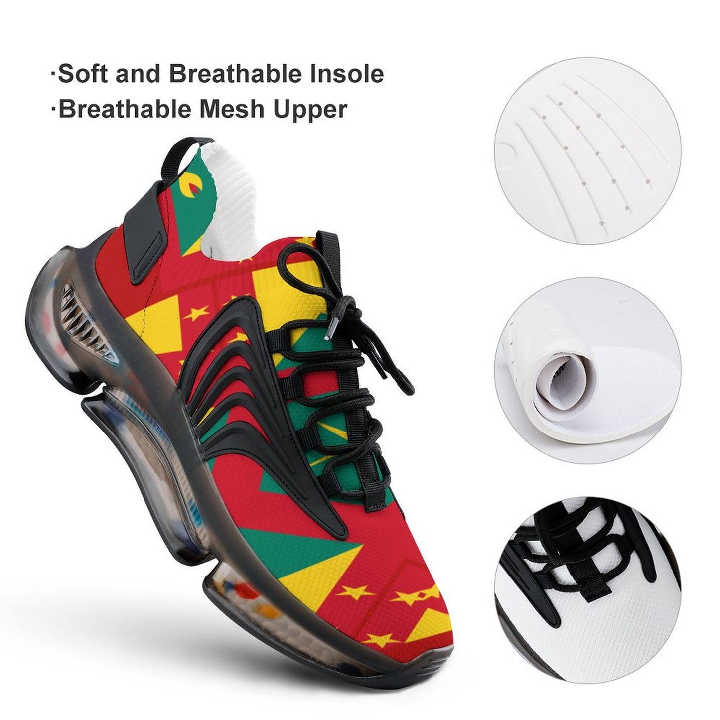 Colourful sneaker with text about the insole and mesh upper on a white background