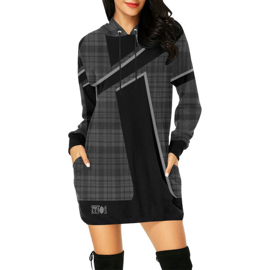 Black and gray plaid dress with a hood on a white background