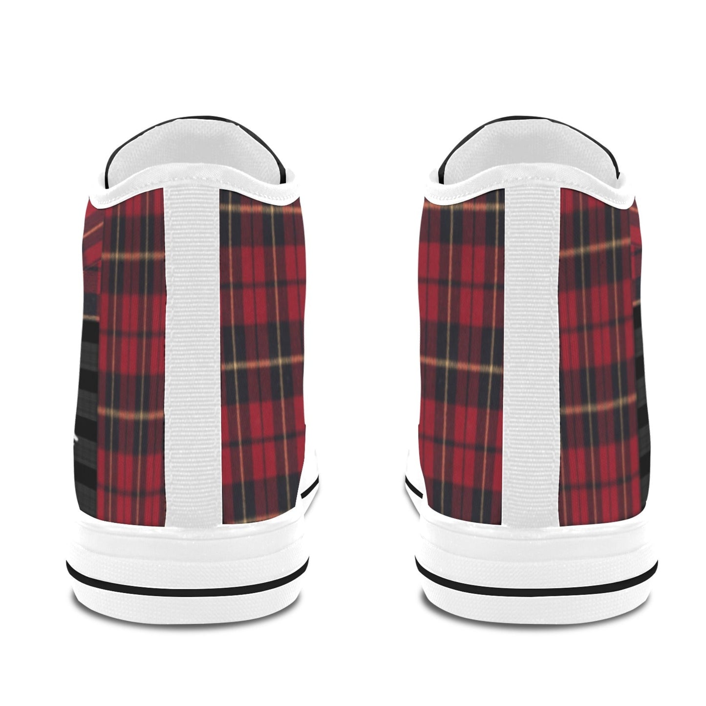 Red plaid high-top shoes with white soles on a white background