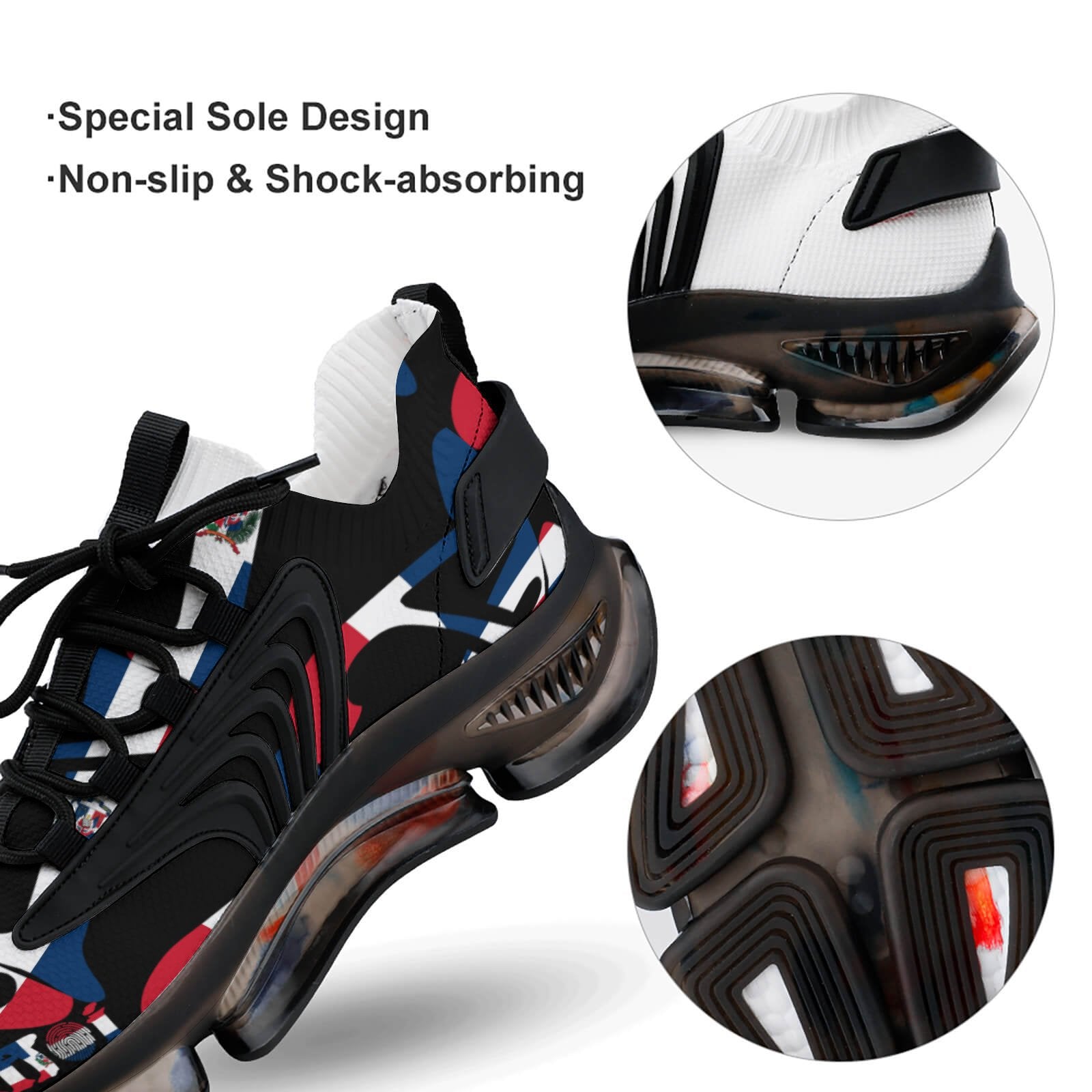 Black and white sneaker with colourful accents, showing sole design and shock-absorbing features.