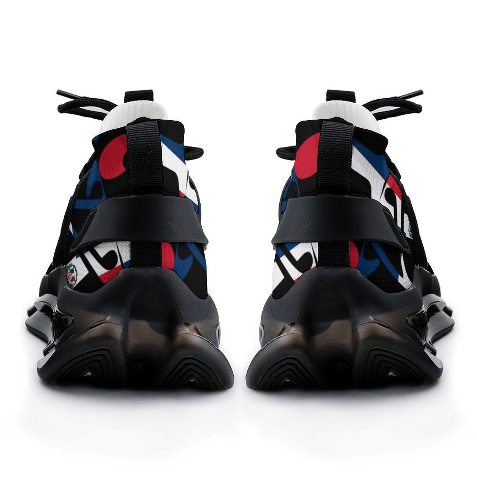 Black and multicoloured sneakers on a white background