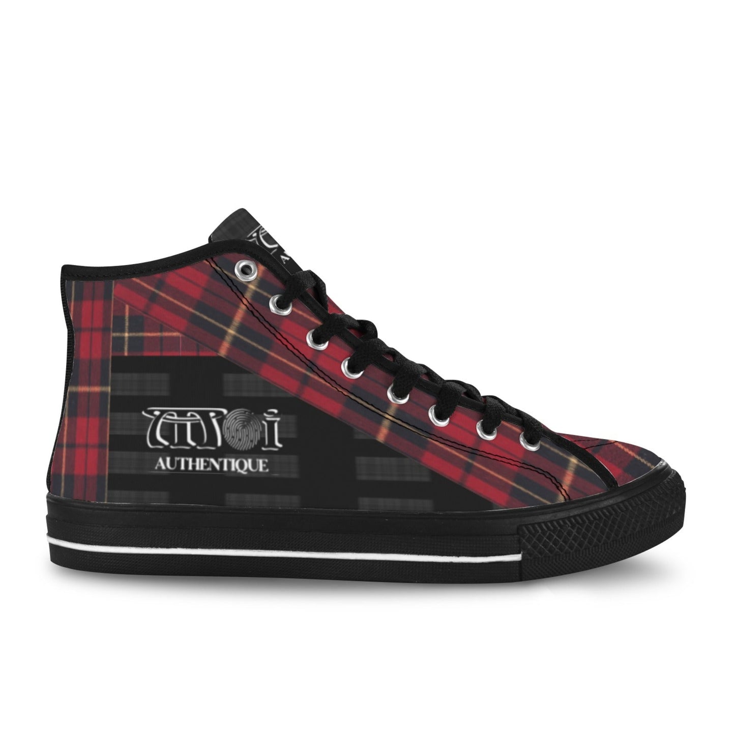 Red and black plaid high-top sneaker with visible branding on a white background