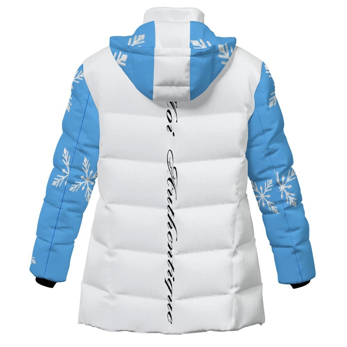 White puffer jacket with blue sleeves and snowflake patterns on a white background