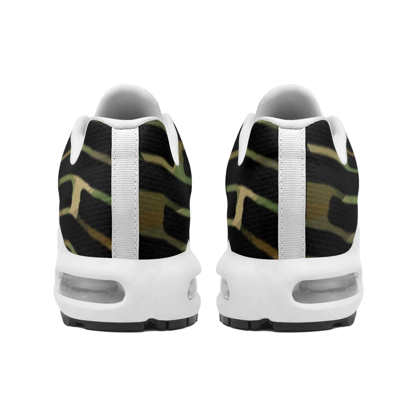 Back view of white sneakers with black and green pattern on a white background