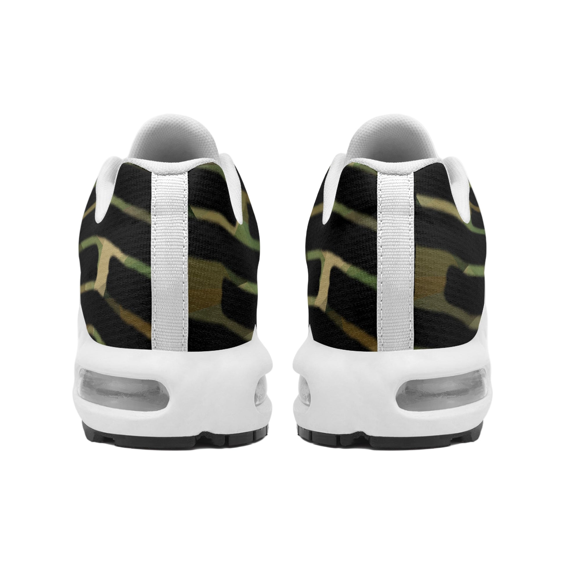 Back view of white sneakers with black and green pattern on a white background