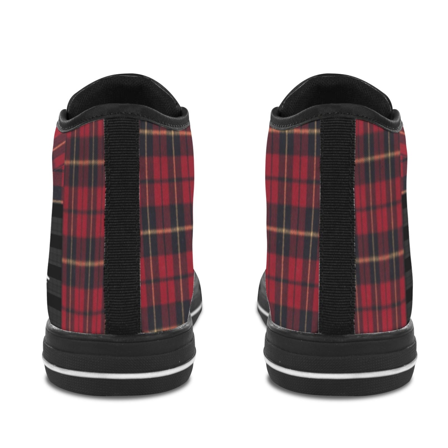 Red plaid high-top sneakers on a white background