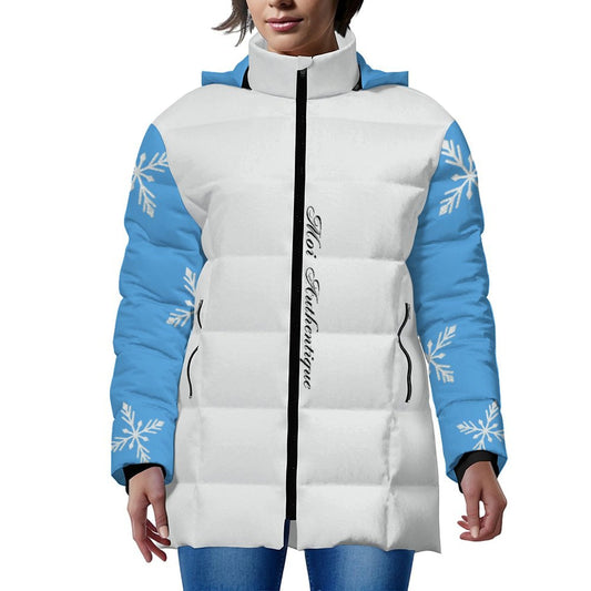 White puffer jacket with blue sleeves and snowflake patterns on a white background