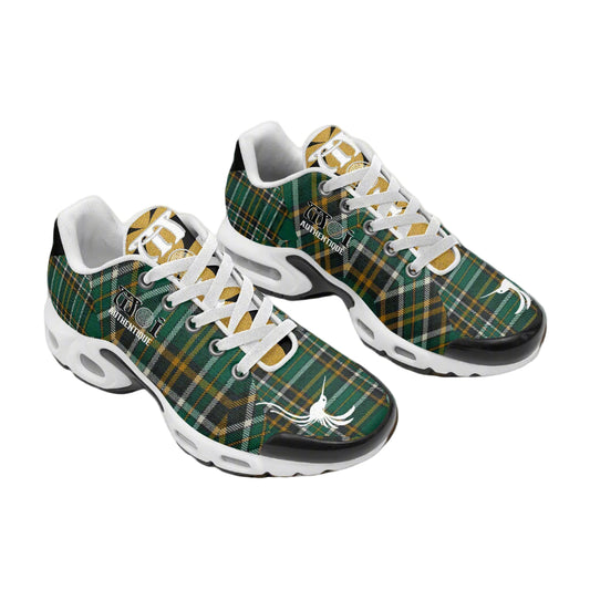 Green plaid sneakers with white laces on a white background