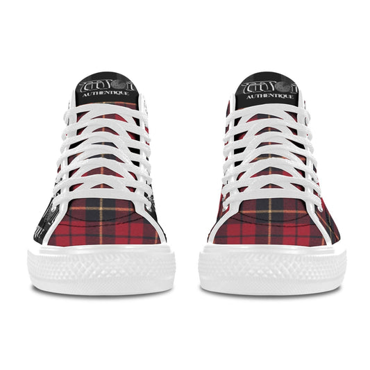 Red and black plaid sneakers with white soles on a white background