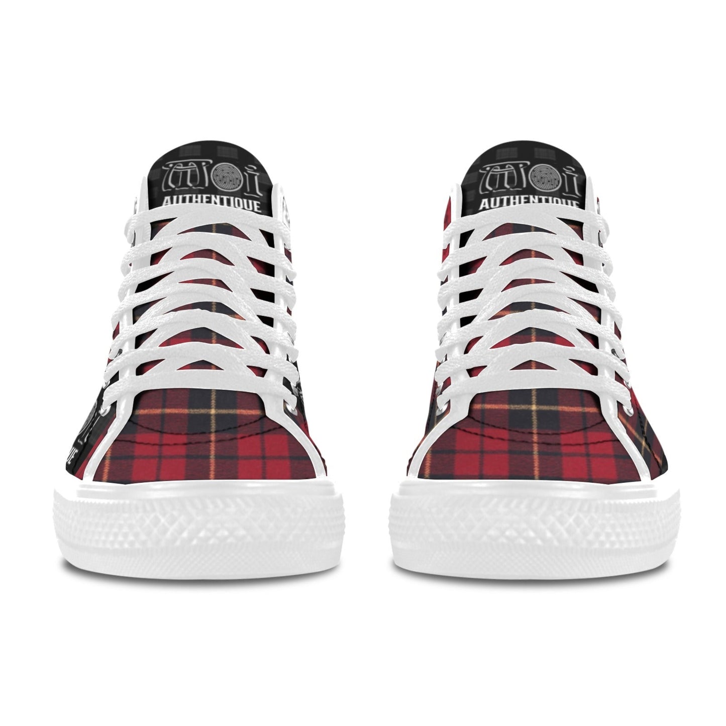 Red and black plaid sneakers with white laces on a white background