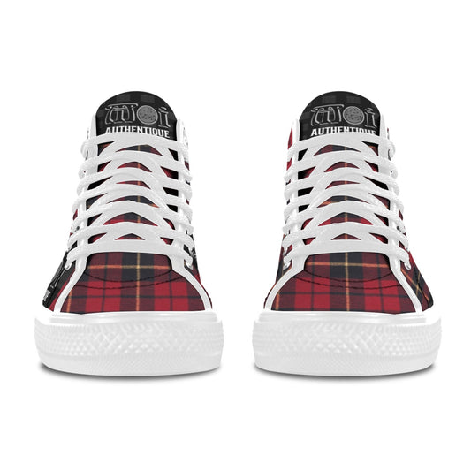 Red and black plaid sneakers with white laces on a white background