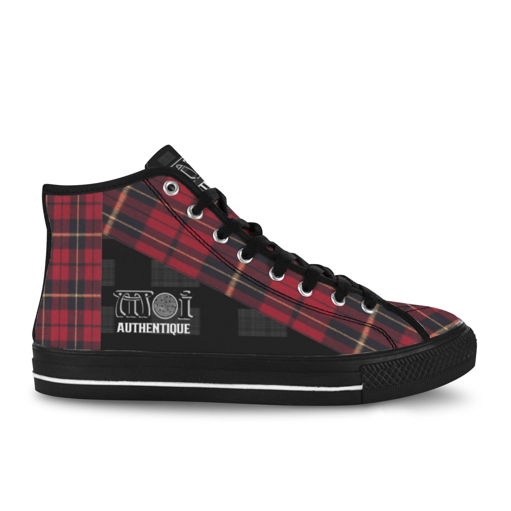 High-top sneaker with red and black plaid pattern on a white background