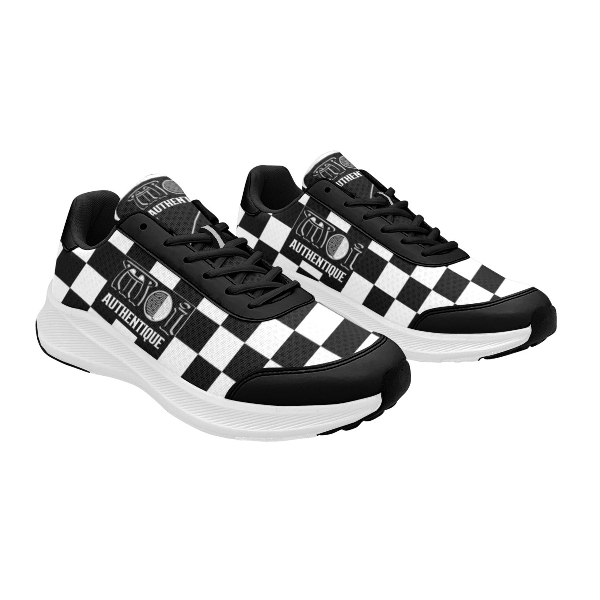 A pair of Moi Authentique Wmen's 2-Tone Skanking Sneakers with a black and white checkered design on a white backgroun