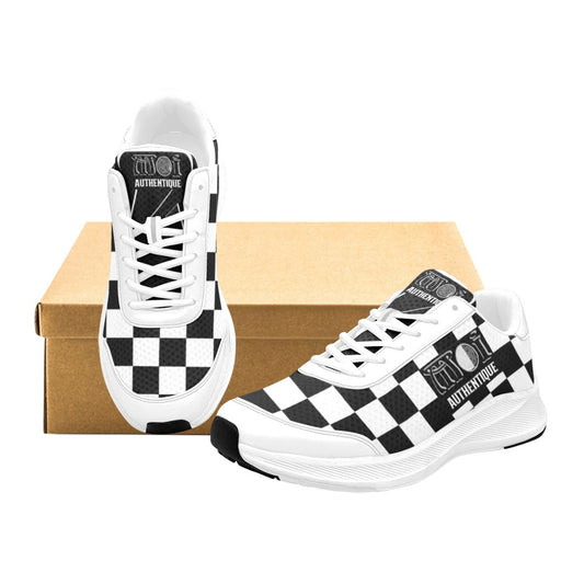 A pair of men's white 2-tone skanking sneakers with a checkered pattern, displayed alongside a brown box, possibly for packaging.