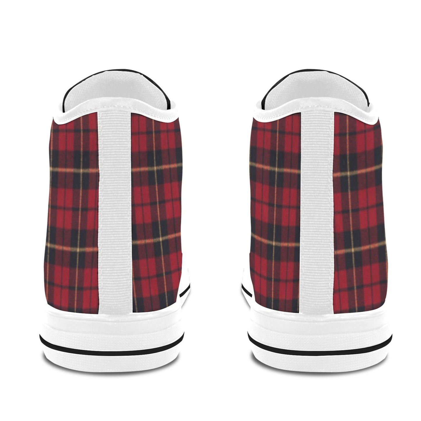 Red plaid slip-on shoes with white soles on a white background